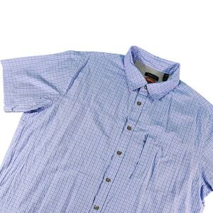Van Heusen Traveler Button Down Mens XL Blue Grid Short Sleeve Zip Pocket Shirt